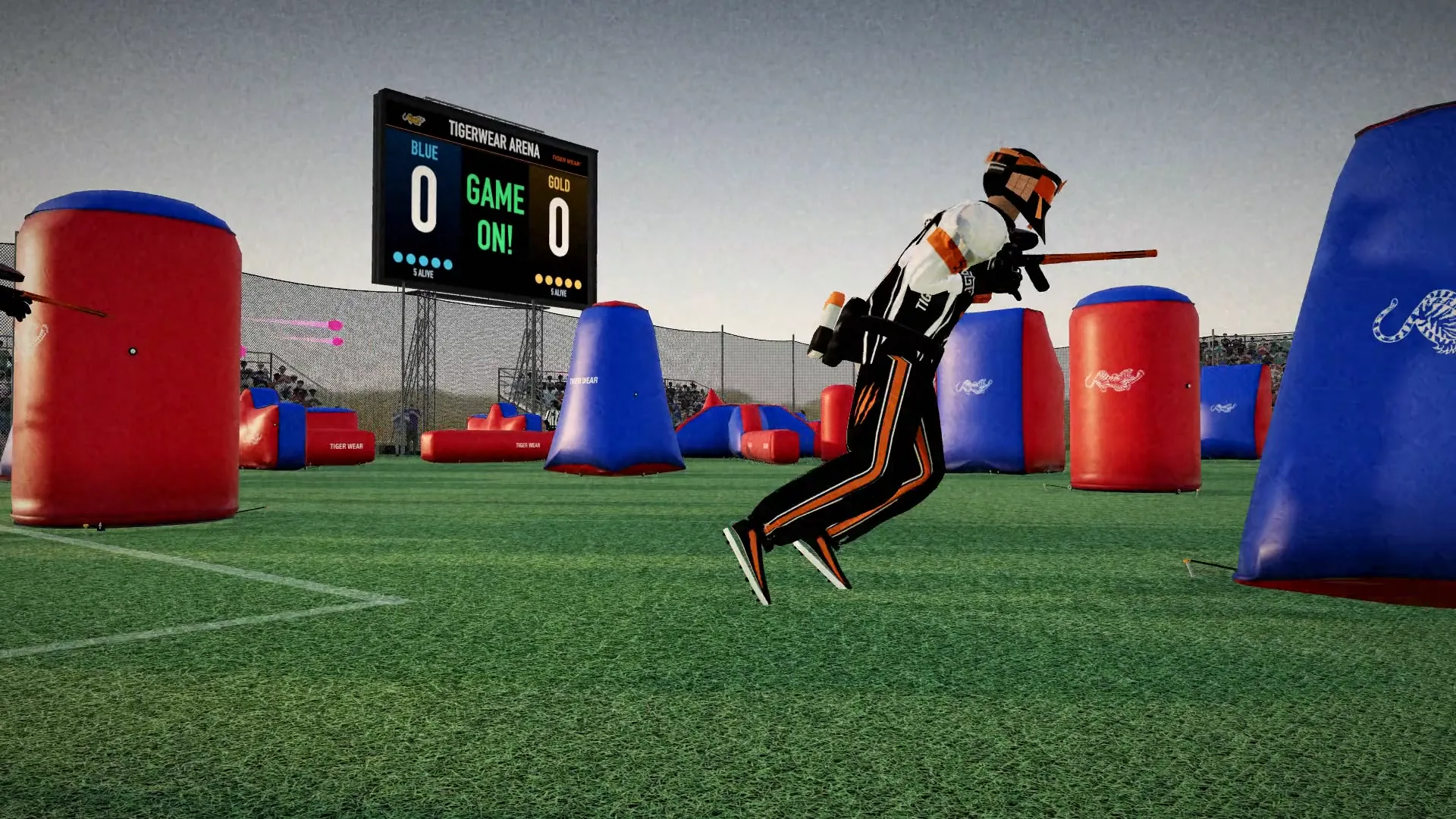 Tigerwear Arena: a player in a Tigerwear kit diving between inflatable bunkers