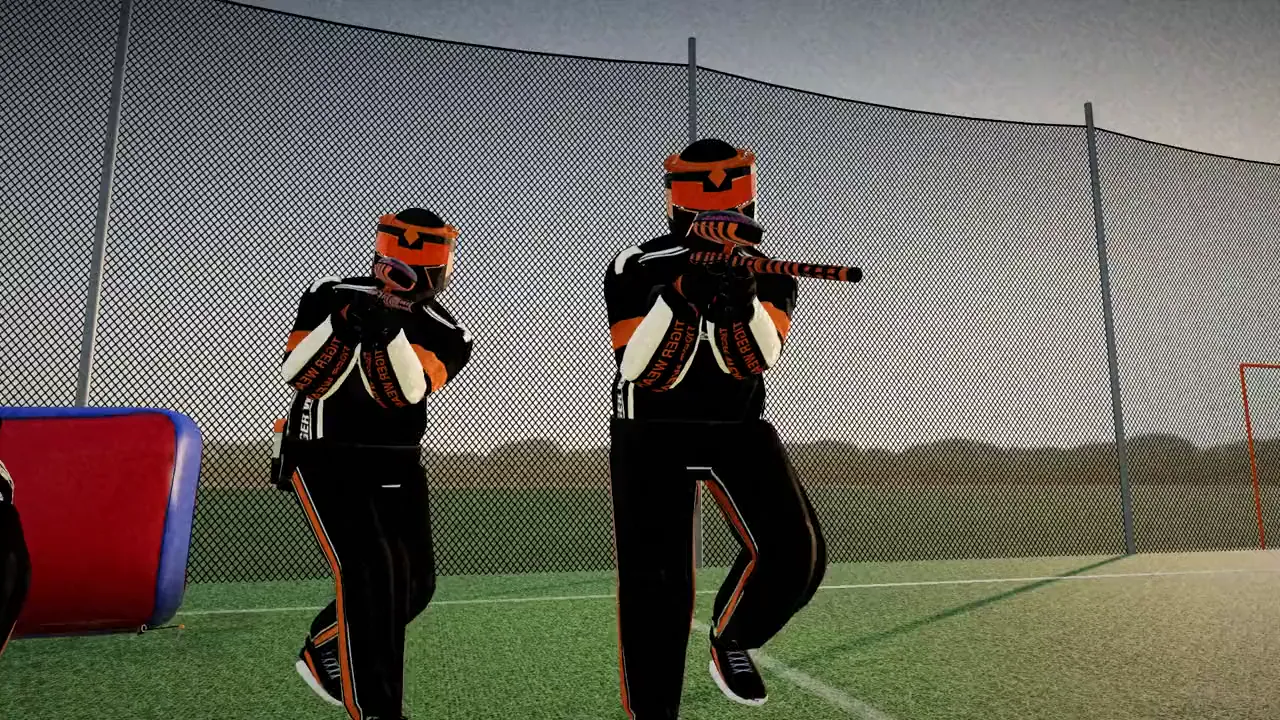 Tigerwear Arena gameplay: players in Tigerwear kits on a 3D paintball field