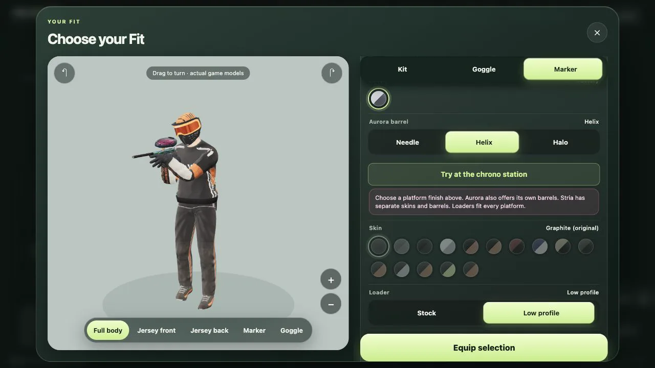 The gear locker screen with a player in a Tigerwear kit and marker options
