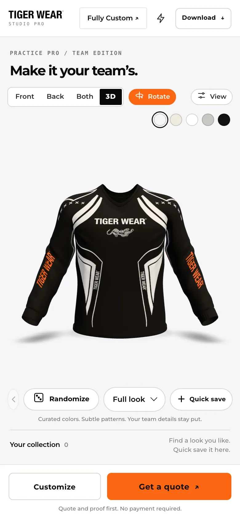 Jersey Studio on a phone: the 3D jersey with Customize and Get a quote buttons