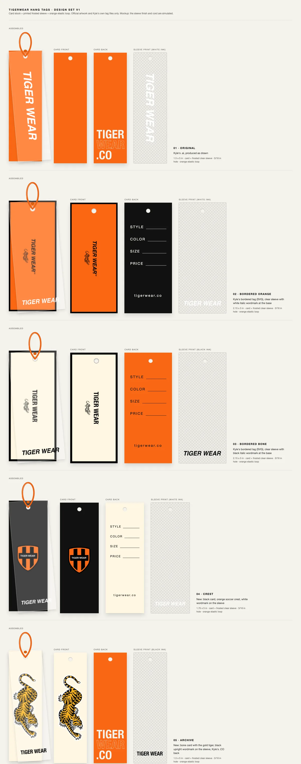 Archive hang tag assembled: bone card with the gold tiger, clear sleeve and orange loop