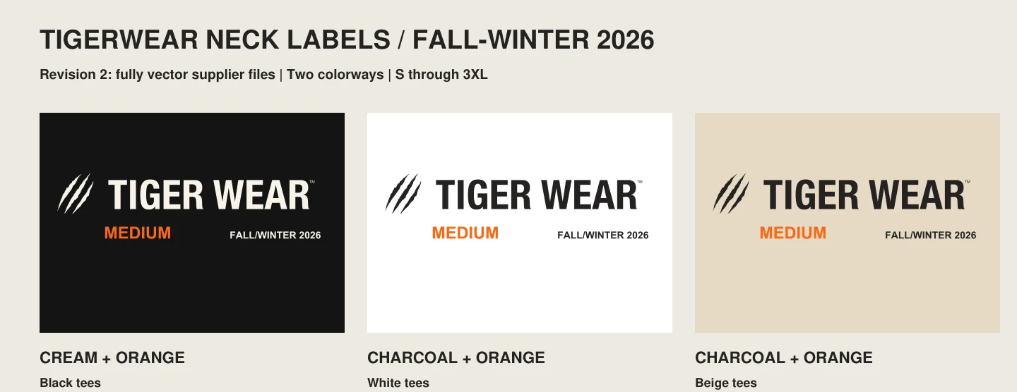 Neck labels for fall and winter 2026 in black, white and beige, size medium
