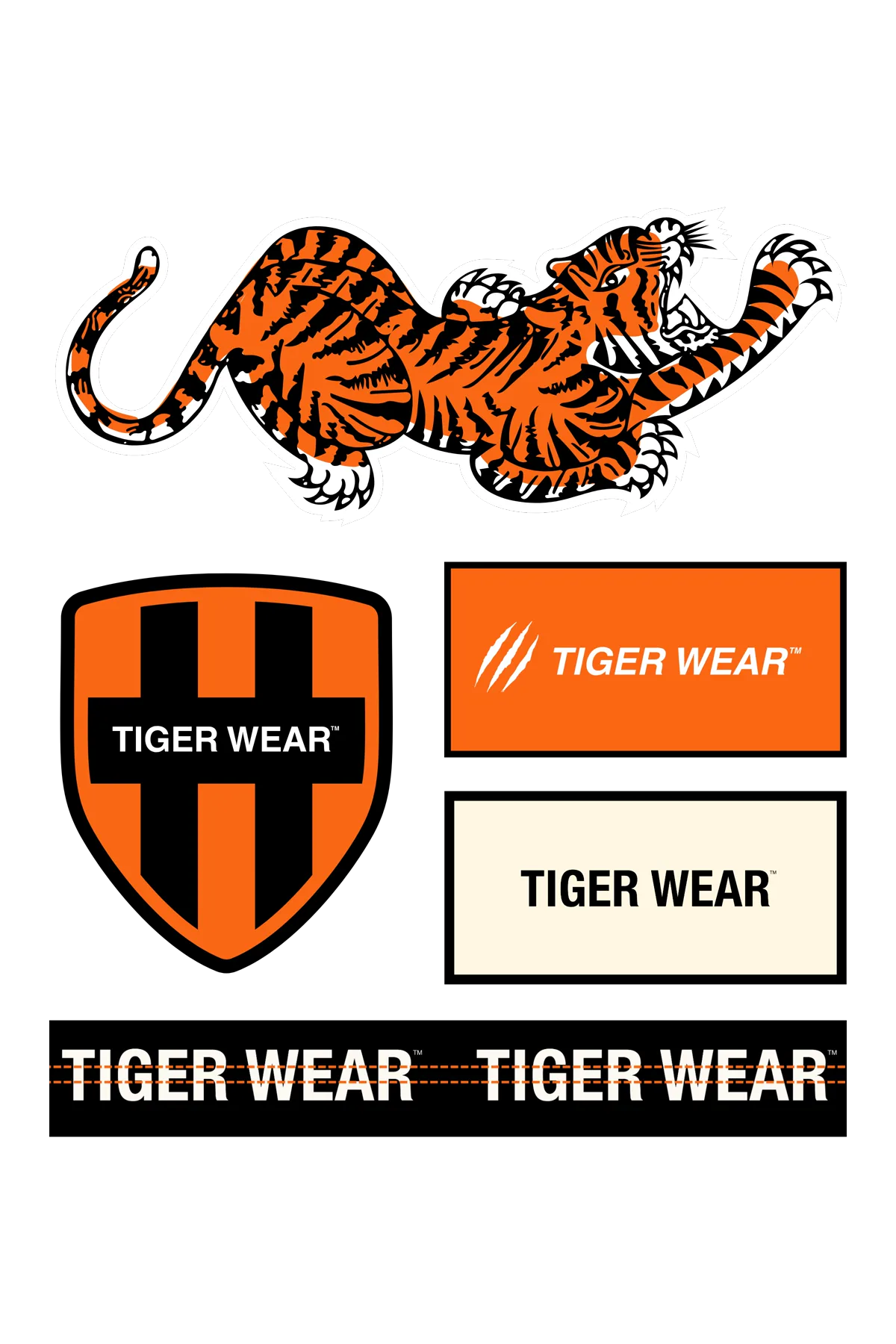 Club stickers: an orange leaping tiger, the striped crest shield and two Tiger Wear patches
