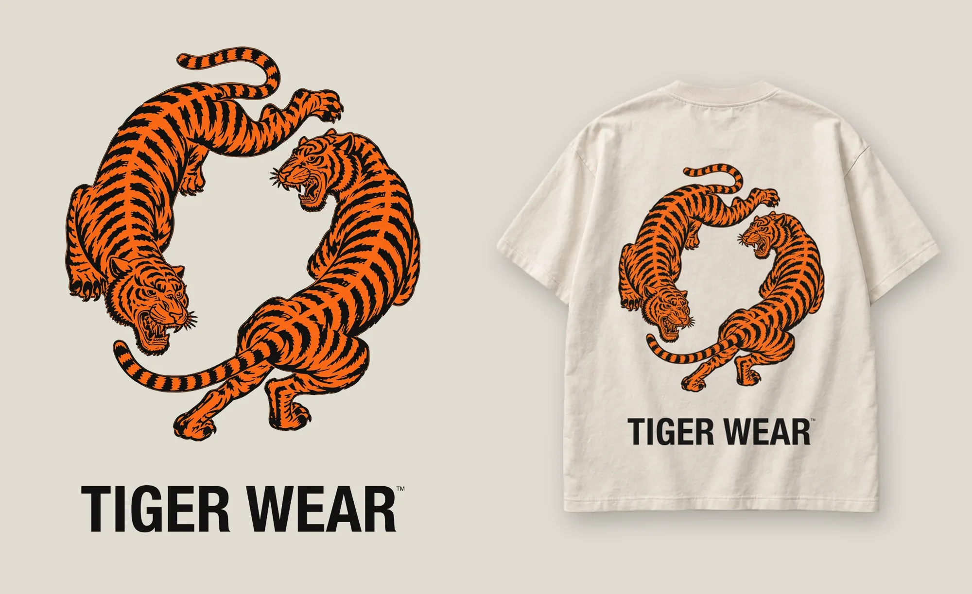 Ember Orbit tee mockup: two orange tigers circling on the back of a bone tee