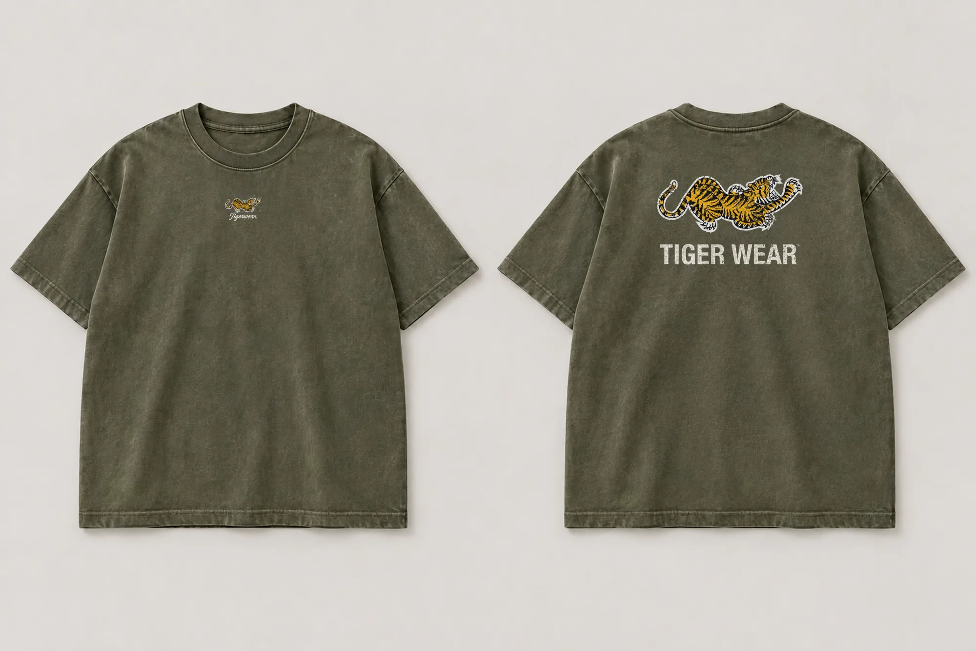 Olive Souvenir tee mockup: washed olive tee, front and back