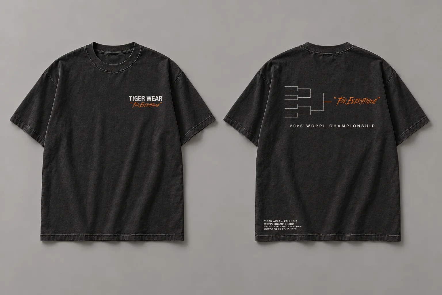 Sunday Bracket tee mockup: black tee, front chest print and a championship bracket on the back