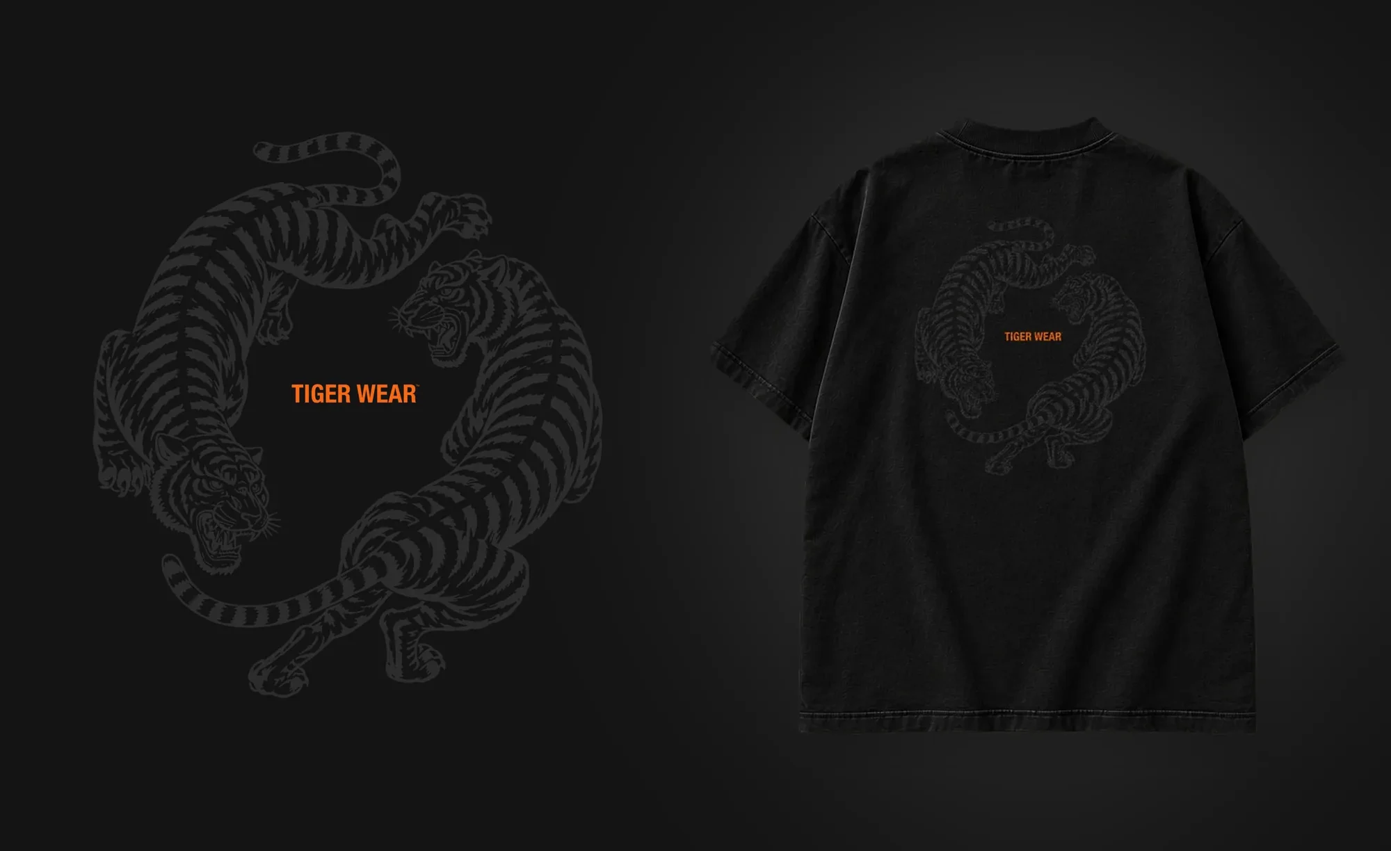 Tonal Orbit tee mockup: tonal circling tigers on a black tee