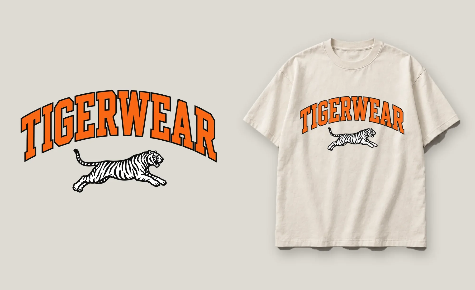 Varsity Bone tee mockup: arched varsity print with a leaping tiger on a bone tee