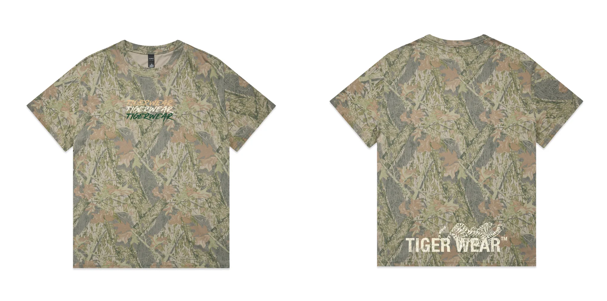 Wildwood Camo tee mockup: camo tee, front and back
